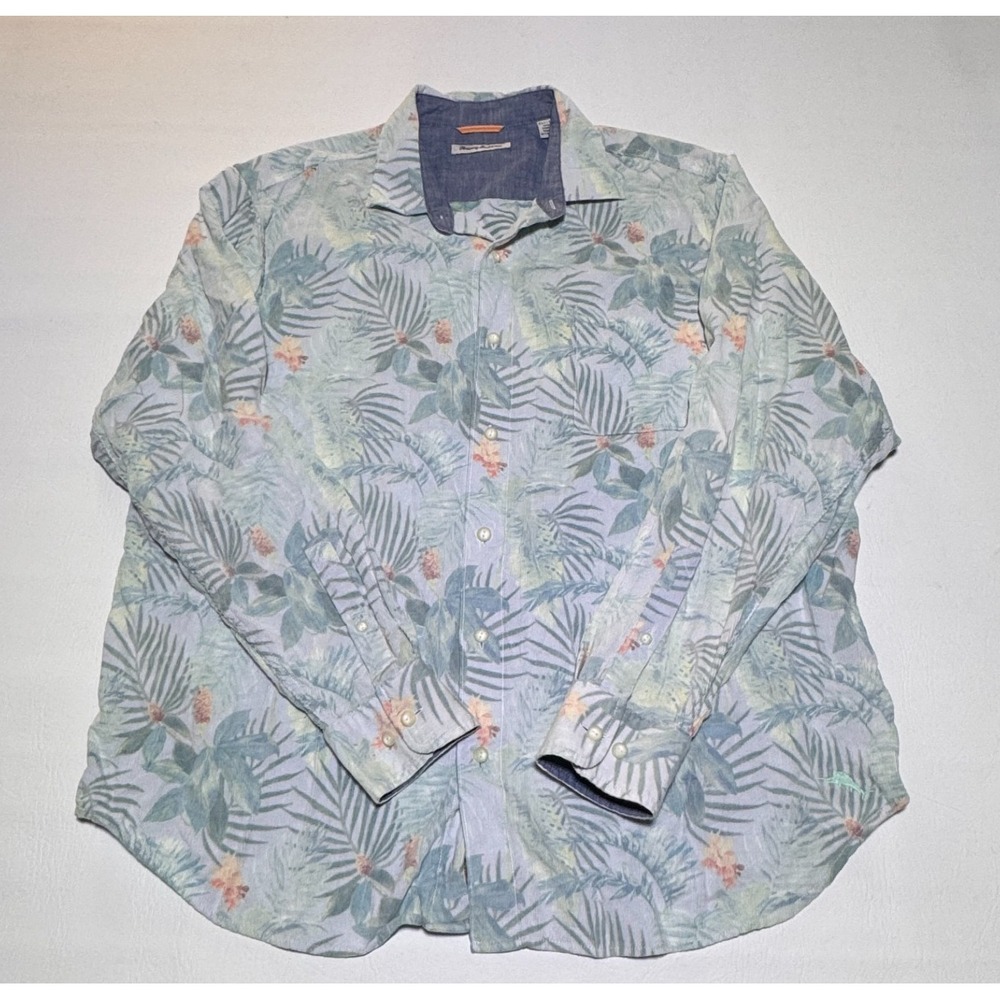 Tommy Bahama Button Down Shirt Men XLT Blue Tropical Palm Floral Corduroy Island